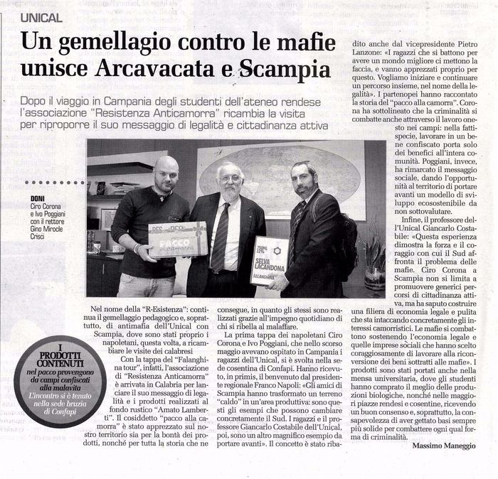 Cronache de Il Garantista, pagina 8, gemellaggio tra Unical e Scampia, alla presenza del Rettore Crisci.