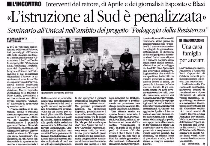 Il Quotidiano del Sud, pagina 22, seminario con Pino Aprile.