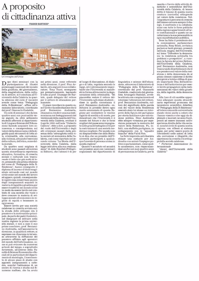 Il Quotidiano del Sud, pagina 45, articolo di Franco Bartucci su Pedagogia della R-Esistenza.