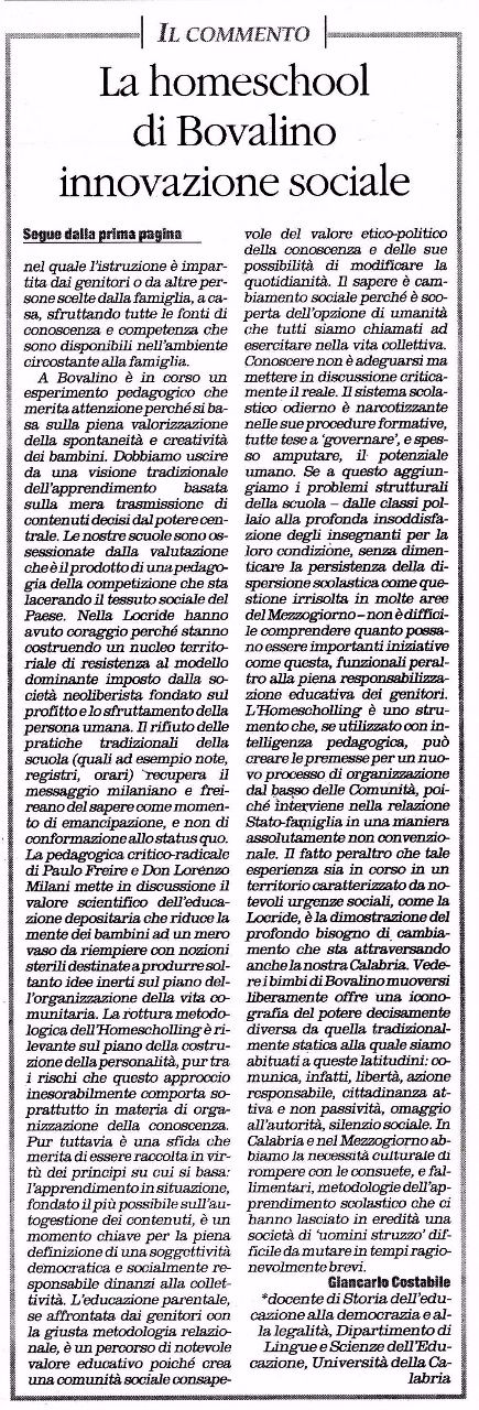 Il Quotidiano del Sud, pagine 1 e 9, articolo sulla Homeschool di Bovalino.