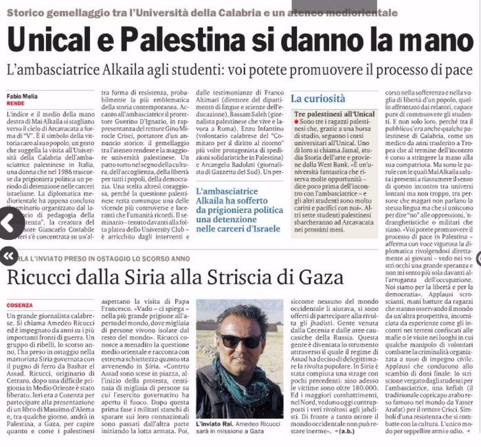 Gazzetta del Sud, pagina 20, PdR incontra l'Ambasciatore della Palestina in Italia.