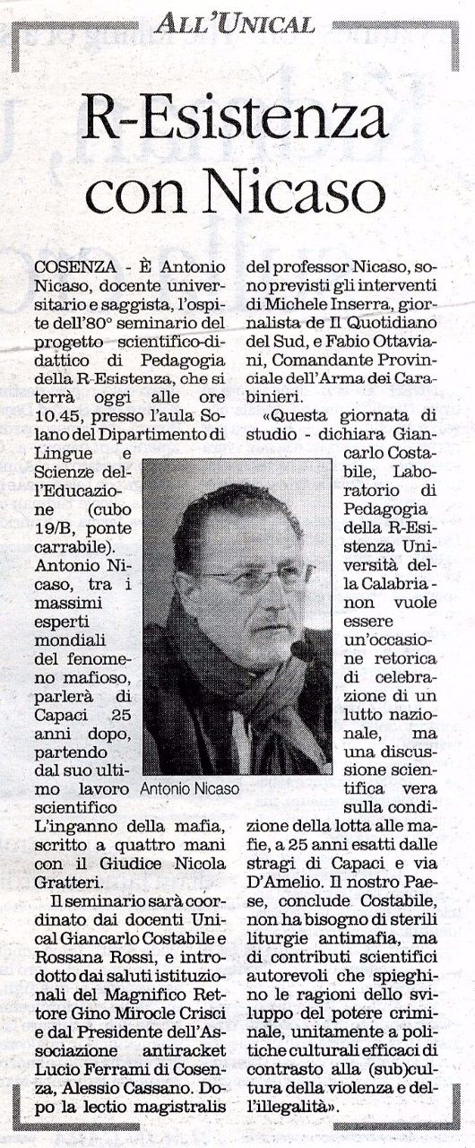 Il Quotidiano del Sud, a pagina 35 dell'edizione regionale, presenta il seminario con il Prof. Antonio Nicaso.