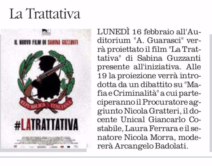 Il Quotidiano del Sud, a pagina 18, presenta il film della Guzzanti: La Trattativa.