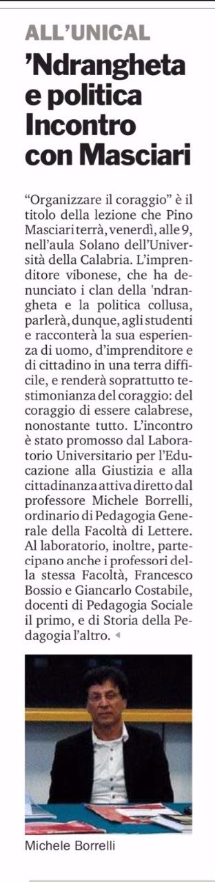 Gazzetta del Sud, a pagina 27, presenta il seminario con il Testimone di Giustizia Pino Masciari.