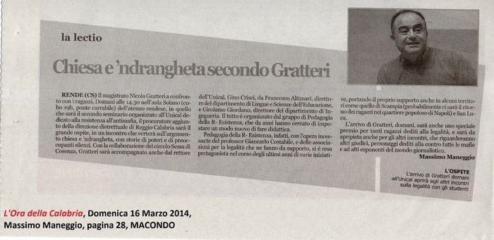 L'Ora della Calabria, a pagina 28, presenta il seminario con Gratteri.