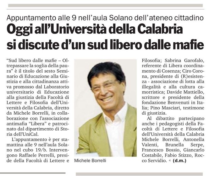 Gazzetta del Sud, a pagina 28, presenta il seminario antimafia con Ciro Corona, Davide Mattiello, Pino Masciari.