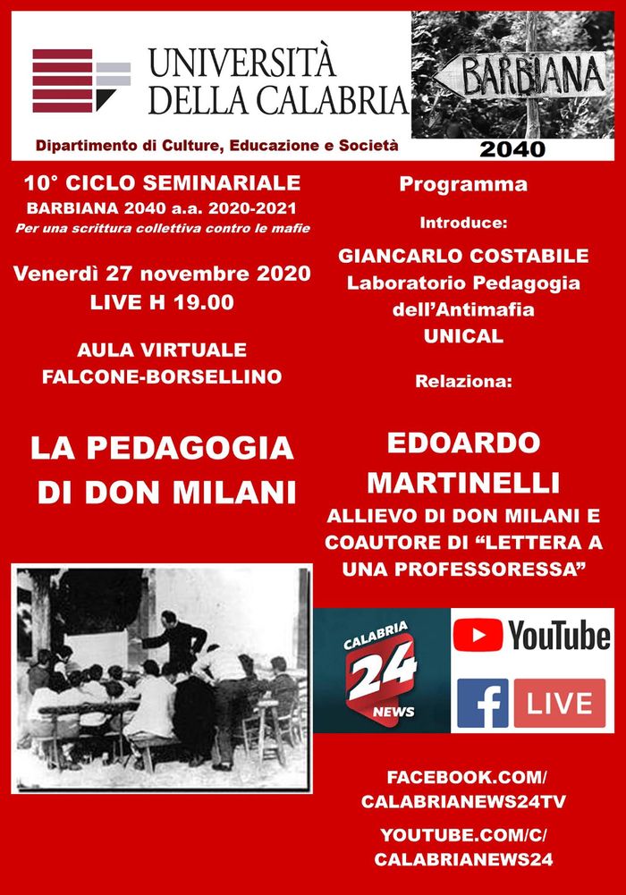 Locandina del webinar dedicato alla pedagogia di don Milani.
