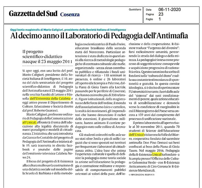 Gazzetta del Sud, 6 novembre 2020, pag. 23 edizione cosentina.